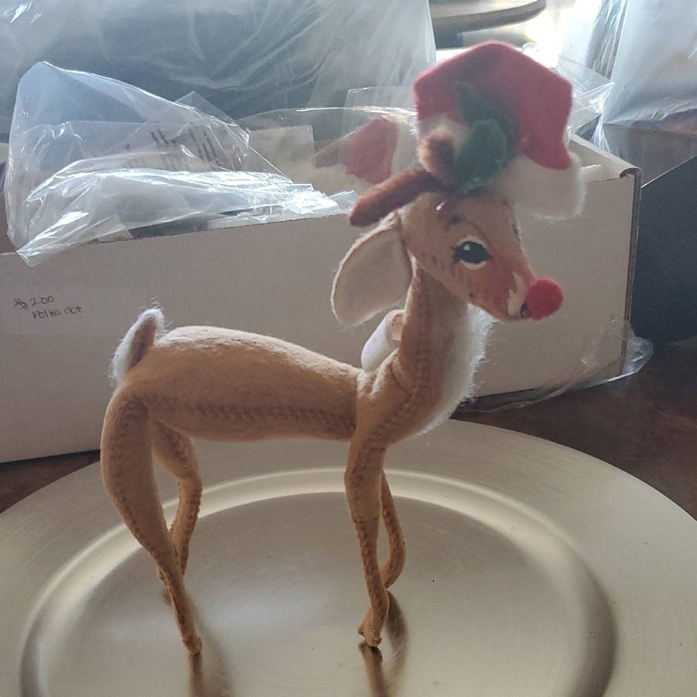 Annalee Tan and Red Reindeer with Santa Hat